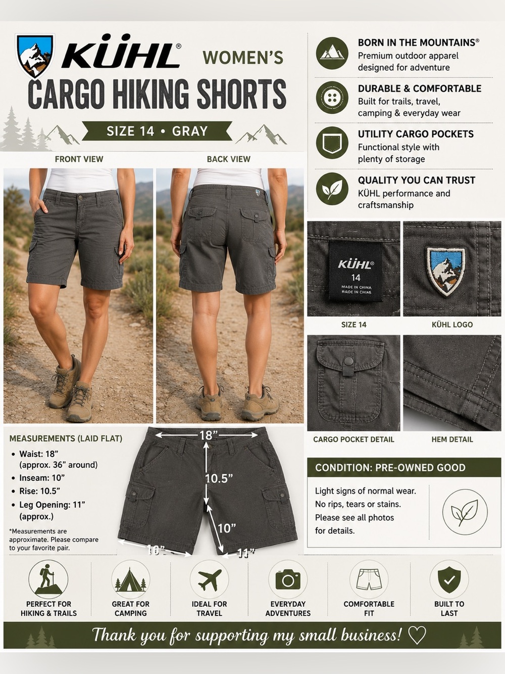 KÜHL Women's Gray Cargo Hiking Shorts Size 14 Outdoor Utility Trail Camping